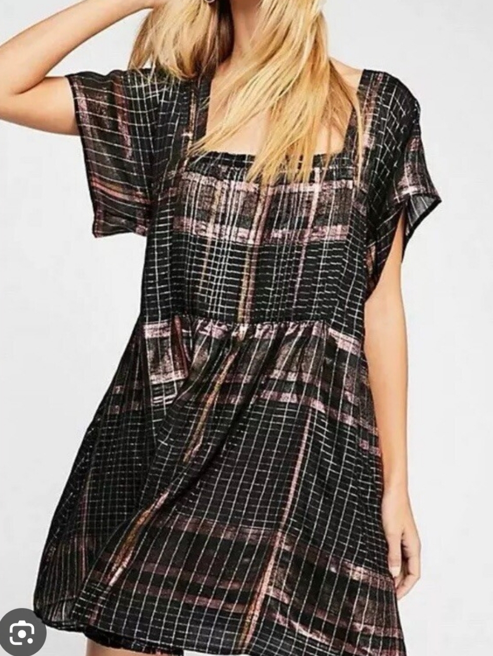 Free People Barcelon Black Plaid Short Sleeve Babydoll Dress Metallic Stripe XS
